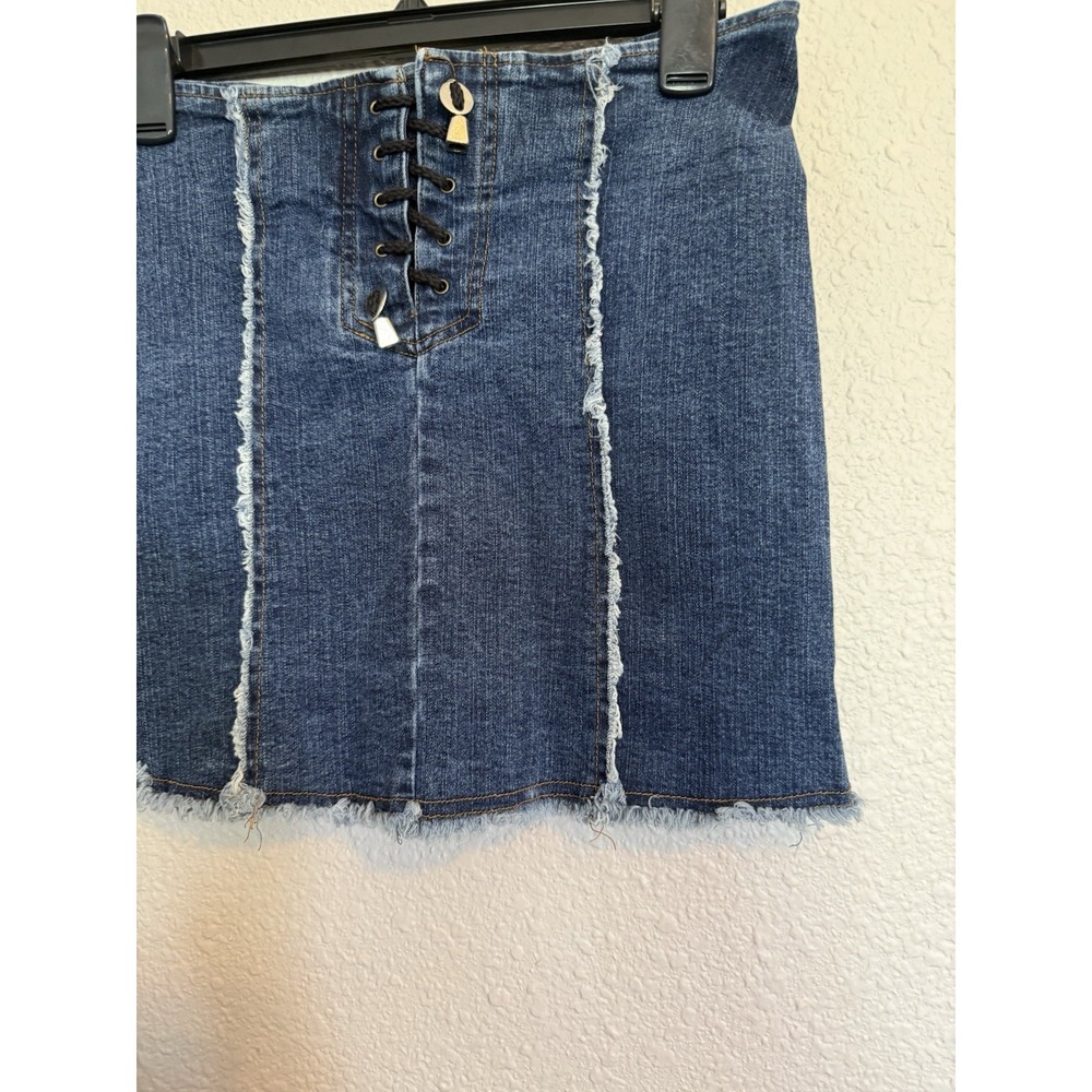 VTG Lace UpDenim Mini Skirt Y2K Size Med Boho Festival Raw Hem 90s Grunge - Picture 5 of 10